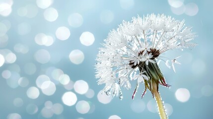 Wall Mural - A delicate dandelion glistens with dew against a serene blue backdrop, showcasing natures beauty in soft focus.