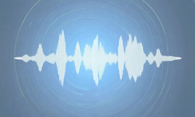 Wall Mural - abstract sound wave graphic with circular patterns and a light blue background.