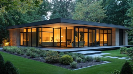 Aufkleber - Sleek Modern House with Flat Roof and Large Glass Windows