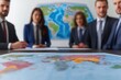 © ImagePulse - Business team discussing strategy with global map in background, multinational project planning