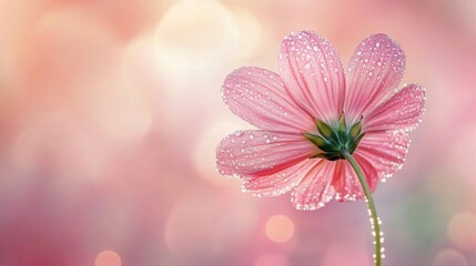 Aufkleber - Delicate Pink Flower with Water Droplets on Stem