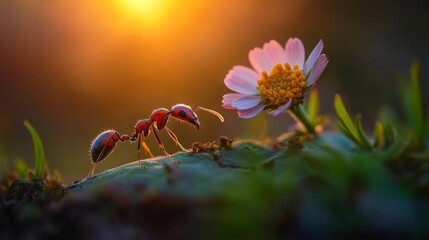 Aufkleber - Ants Interacting with Delicate Flower at Sunset