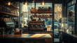 © Killian - Coffee Shop Interior: Warm Lighting, Vintage Espresso Machine, Wooden Shelves