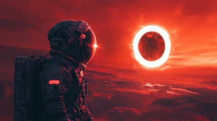 Wall Mural - anonymous astronaut watching a solar eclipse. generative ai