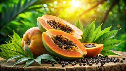 Vibrant Freshly Cut Papaya with Bright Orange Flesh and Glossy Black Seeds - Tropical Delight, Sweet Aroma, Nutritional Benefits, Juicy Fruit, Healthy Eating