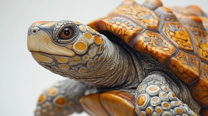 A meticulously detailed turtle shell highlights its intricate patterns and textures against a stark white backdrop, emphasizing its distinctive design.