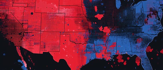 Illustrated election map, US states in red and blue, zoomed-in display of battleground states, interactive digital screen vibe, modern and data-centric