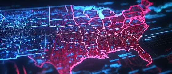 Illustrated election map, US states in red and blue, zoomed-in display of battleground states, interactive digital screen vibe, modern and data-centric