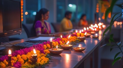 Festive Diwali Celebration in Office Setting with Traditional Attire and Festive Decor