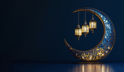 Poster -  A beautiful crescent moon with delicate patterns hanging on the blue background, decorated with glowing stars and clouds, creating an atmosphere of joy during Ramadan