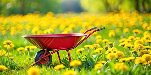 Wall Mural - Red wheelbarrow sitting on lush green lawn surrounded by bright yellow dandelions, red, wheelbarrow, lawn, grass, dandelions