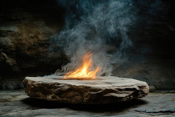 A fire burns on a rock with smoke. This image can be used for websites and social media posts about nature, fire, and power.