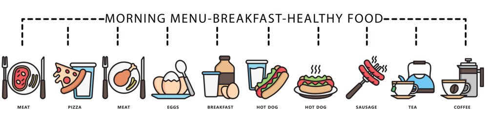 Breakfast, healthy food outline color icon banner. contain meat, pizza, meal, eggs, hot dog, sausage, tea, coffee and more. Vector EPS 10. for print, UI or UX kit, web and app development.