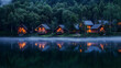 © yun visual - The serene lakeside scene at dusk with four illuminated wooden cabins reflected in the still water, surrounded by a forest. Ideal for nature and travel themes.