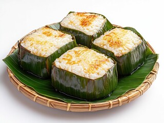 Grilled Coconut Sticky Rice Wrapped in Banana Leaves a Traditional Thai Dessert Served on a Plate Isolated on a White Background  The Savory and Sweet Flavors of Coconut Sticky Rice