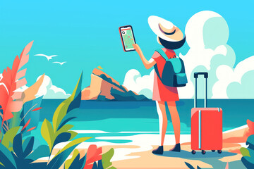 Beach Vacation Illustration with Traveler Holding a Phone