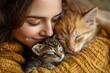 © SY - A woman cuddling two sleeping cats. This image is perfect for websites and social media promoting pet care, adoption, or animal shelters.
