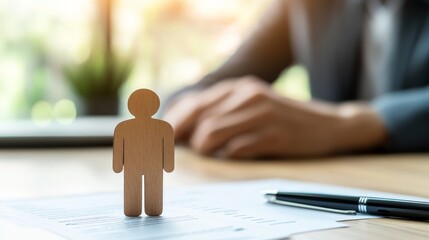 Canvas Print - A small wooden figure stands on a table with paperwork, symbolizing decision-making and focus in a professional environment.