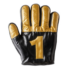 Golden and black sports glove with the number one, isolated on a white background. transparent background