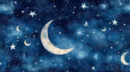 A seamless night sky-inspired carpet pattern with glowing stars and moon motifs in soft silver and pale blue, set against a dark indigo background,