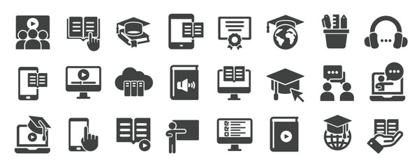 Sticker - e-learning glyph solid icons collection. containing education, graduate school, learning, tutorial. 