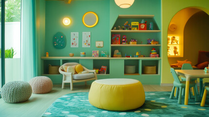 Use a warm palette of greens, blues, and yellows with soft glowing accents for a friendly atmosphere. Bright colors should create a fun vibe that's engaging for children without being overwhelming.