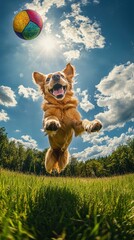 A happy dog leaping into the air to catch a brightly colored ball