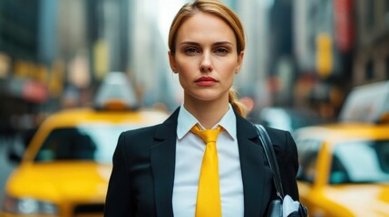 Serious looking business woman in professional attire exiting a taxi with a hand carry bag ready for an important business trip or workplace commute in the city