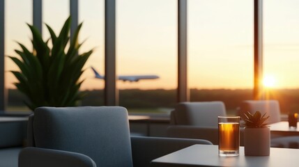 Travelers relaxing and enjoying drinks in an exclusive airline lounge watching planes take off through large panoramic windows against a beautiful sunset sky  The interior features modern furniture