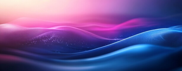 Abstract background with a blue and pink gradient, light rays, and wave lines.