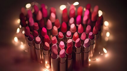 Wall Mural - lipstick tubes arranged in a heart shape. various shades of pink and red.