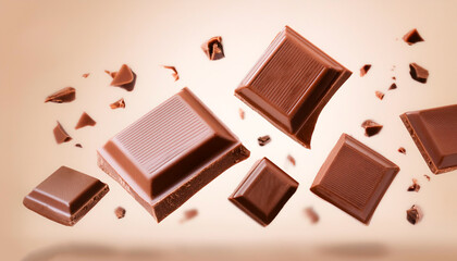 Milk chocolate pieces floating or flying isolated on biege background