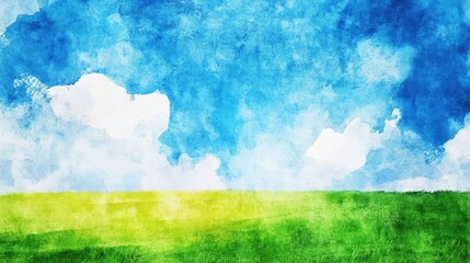 A vibrant abstract watercolor scene of a green summer field and a dynamic blue sky, with expressive white cloud shapes, showcasing a bold, artistic take on nature.