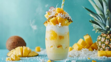 A breakfast smoothie made with tropical fruits like mango and pineapple, mixed with coconut water for a refreshing start to the day.