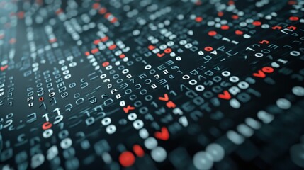 Abstract background with rows of binary code with red highlights.