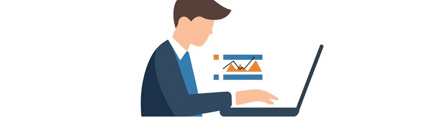 Man working on laptop with graphics and data on screen, white background.