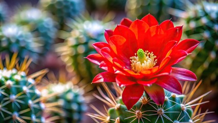 Close-up of a vibrant red cactus flower blooming on a spiny stem, detail, nature, outdoors, macro