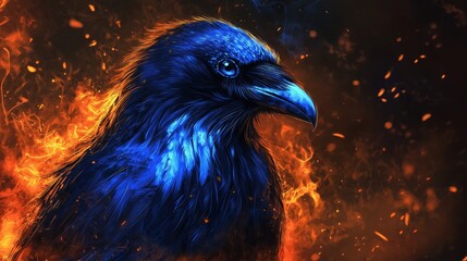 Closeup of face and beak of a dark blue raven on a fiery background