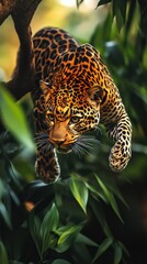 Wall Mural - A sleek leopard mid-leap as it pounces from a high tree branch