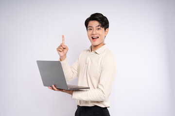 adult, advertisement, asian, background, beige sweater, business, casual, cheerful, chinese, computer, confident, cool, emotion, enjoy, excited, face, facial expression, fashion, filipinos, finger, ge