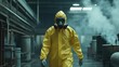 © B 7 YOU - A person in a yellow hazmat suit and gas mask walks through a smoke-filled industrial facility.