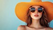 © RESTY - A Woman in a Straw Hat and Sunglasses Against a Light Blue Background