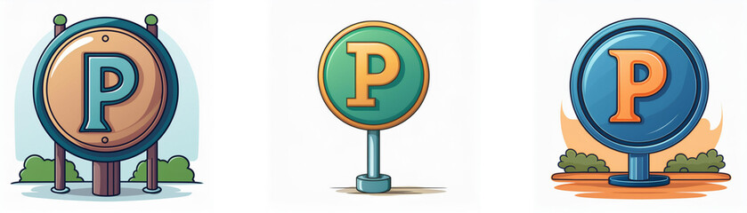 Poster - Three round signs with a capital P on them, each a different color.