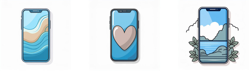 Poster - Three mobile phones with different backgrounds: waves, heart, and mountains.