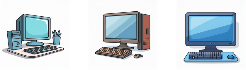 Fototapete - Three cartoon illustrations of computers, one with a tower, one with a tower and a desk, one with a desktop.