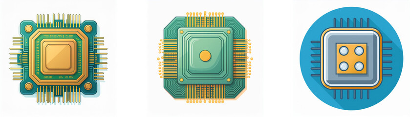 Poster - Three illustrations of computer chips with different color schemes and core configurations.