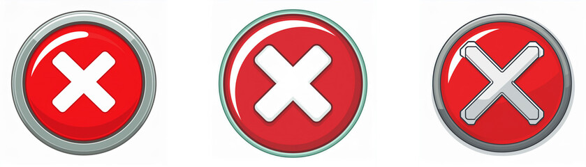 Leinwandbilder - Three round red buttons with a white X in the center, each with a slightly different border.