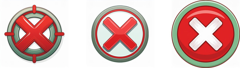 Leinwandbilder - Three different circular buttons with red cross symbols, each with a different colored border.