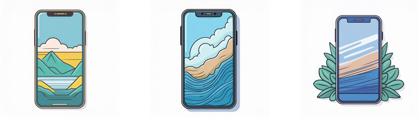 Fototapete - Three smartphones with different landscape backgrounds, one with mountains and a lake, one with ocean waves, and one with a beach.