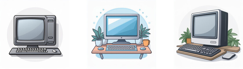 Aufkleber - Three illustrated depictions of vintage computers with different designs and styles, each with a keyboard and mouse.